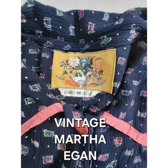 Vintage Martha Egan Button-Front Shirt Dress Medium Navy Printed Short Sleeve - Picture 3 of 8